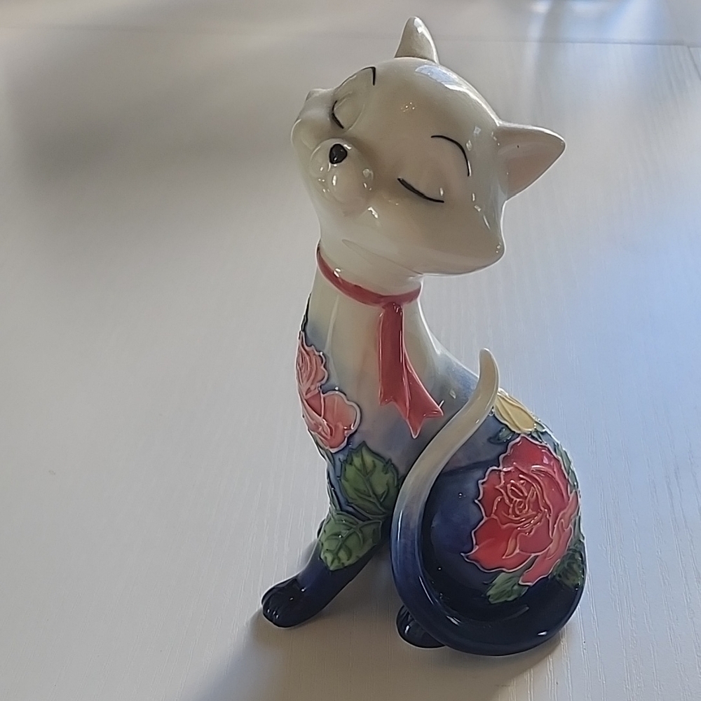 Elegant Porcelain Vintage Cat Figurine with Rose Floral Design